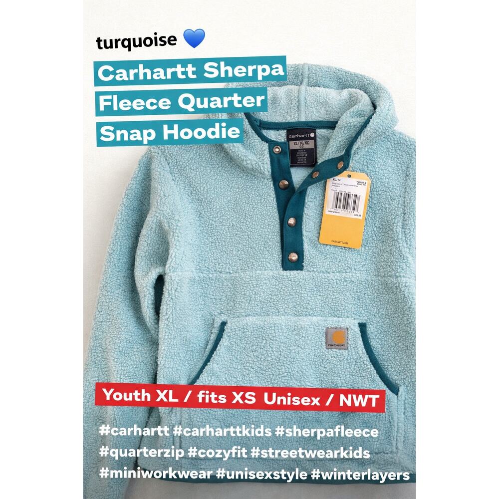 Carhartt Sherpa Fleece Quarter Snap Hoodie‎ Turquoise Youth XL 14 NWT - Picture 2 of 5